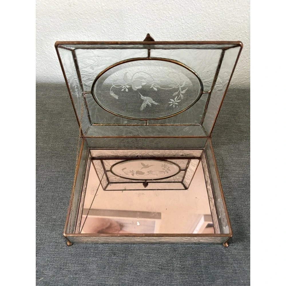 Vtg Etched Glass, Brass, Mirror Jewelry Box Footed w Flowers & Hummingbirds